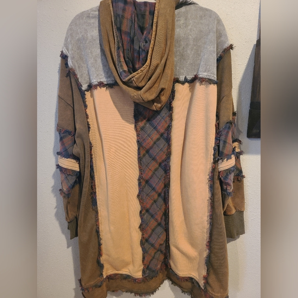 New Oli & Hali Oversized Patchwork Mineral Wash Hoodie with Plaid Accents Sz M/L - Picture 12 of 16